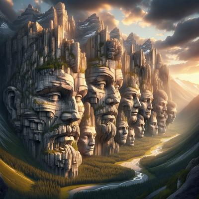 The primary subject of the image is a series of large stone heads, possibly carved from a mountain or a cliff. The setting is a mountainous landscape with a river flowing through it. The visual style appears to be a combination of photo and digital art, creating a unique and intriguing scene. The dominant colors are earthy tones, such as brown and green, which contribute to the natural and rugged atmosphere of the landscape.